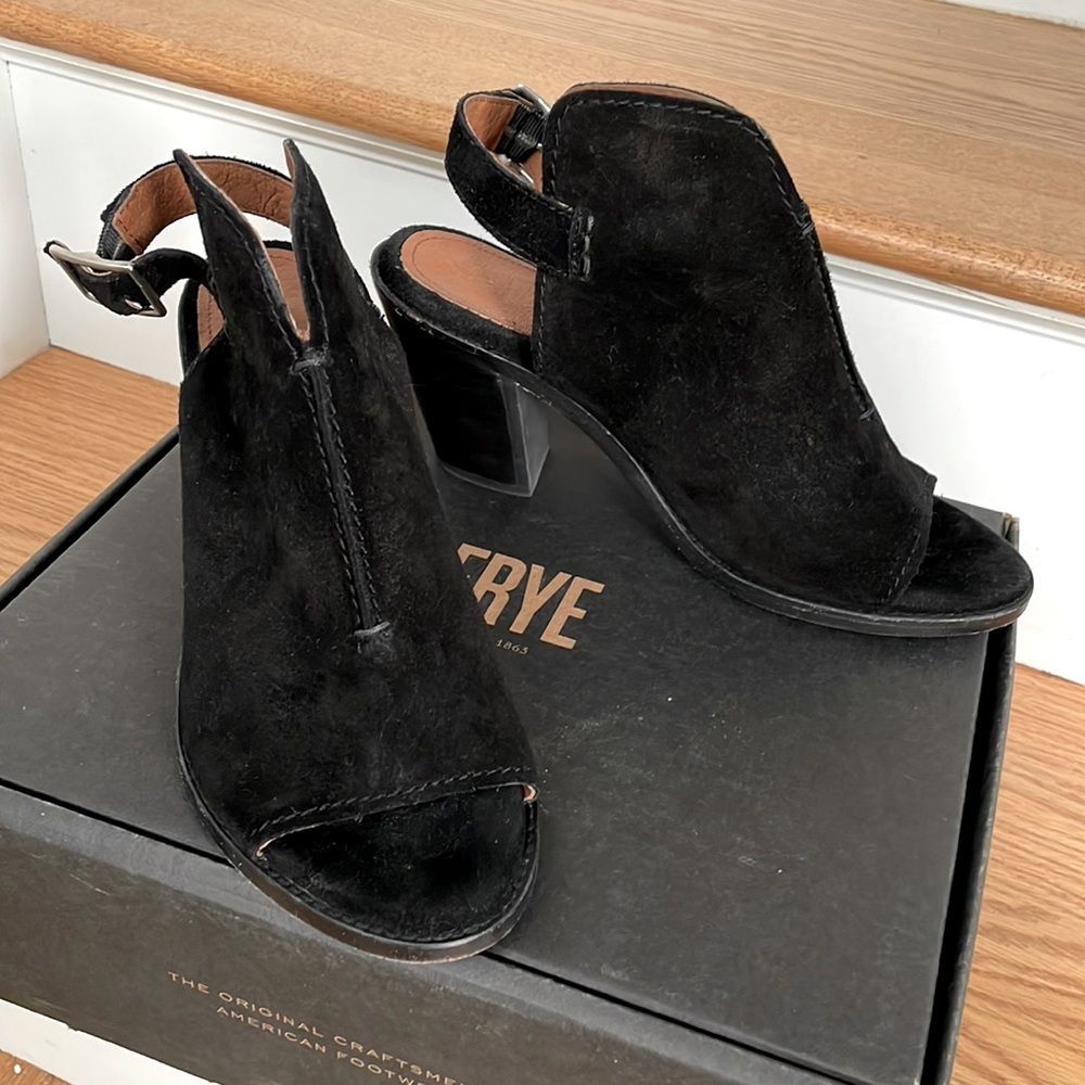 FRYE Courtney Sling Back Black Suede Mules Size 7.5M EUC